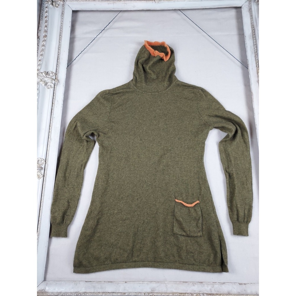 209 100% Cashmere Womens Large Olive Green Turtleneck Sweater Tunic Pocket Soft